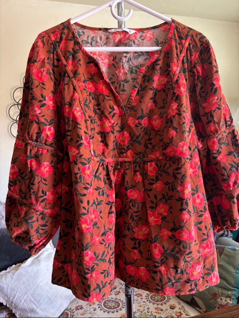 Corduroy Orange Brown Floral Peasant Blouse Plus Size 2X